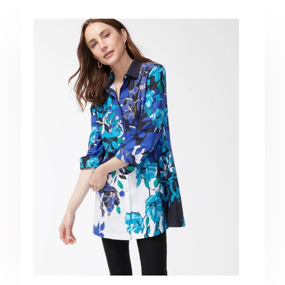 Chicos No Iron Stretch 3/4 Sleeve Floral Tunic Size 0.5 (US 6) Blue Button Up